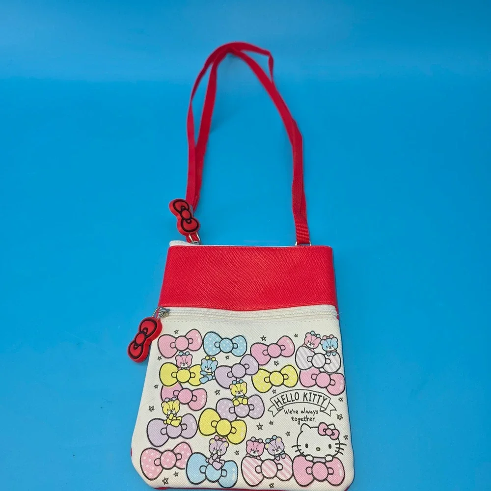 Sanrio Hello‎ Kitty Crossbody Bag Red White Bow Print Small Travel Pouch Pockets